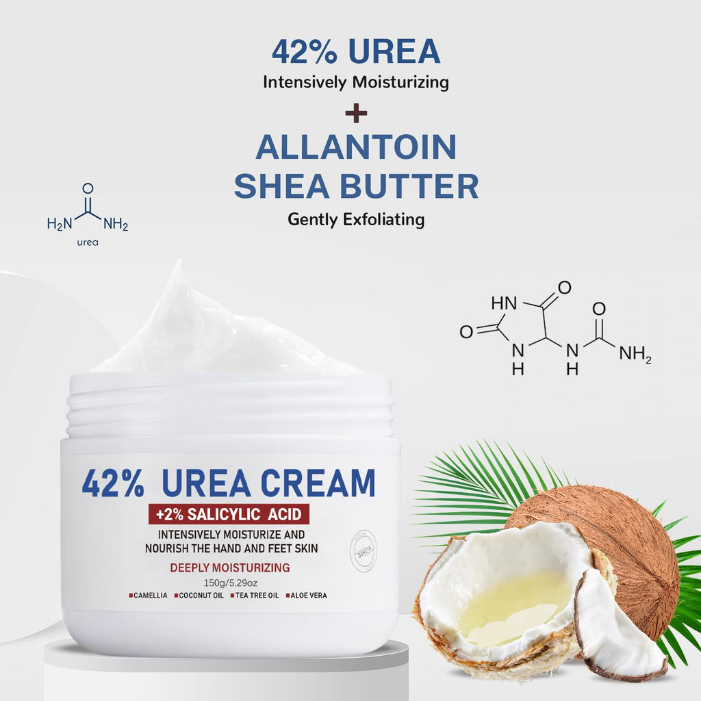 OUKEYA Urea Cream 42% plus Salicylic Acid 2% - Foot & Hand Cream to Moisturize, Soften & Smooth Dry, Cracked, Rough Skin on Heels, Knees & Elbows, 5.29 oz