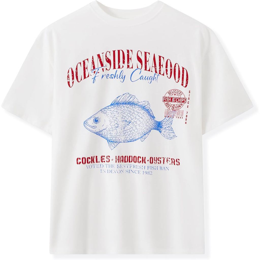 Womens Y2k Fruit Graphic Print Oversized T Shirts Summer Vintage Aesthetic Baggy Tees Tops Teen Girl Clothes Fish White