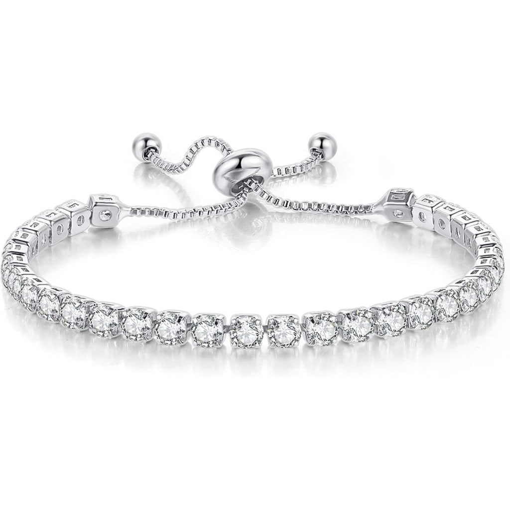 Tennis Bracelets for Women White Gold Plated Diamond AAA+ Cubic Zirconia CZ Dainty Classic Adjustable Slider Bracelet Silver Fashion Jewelry Wedding Gift