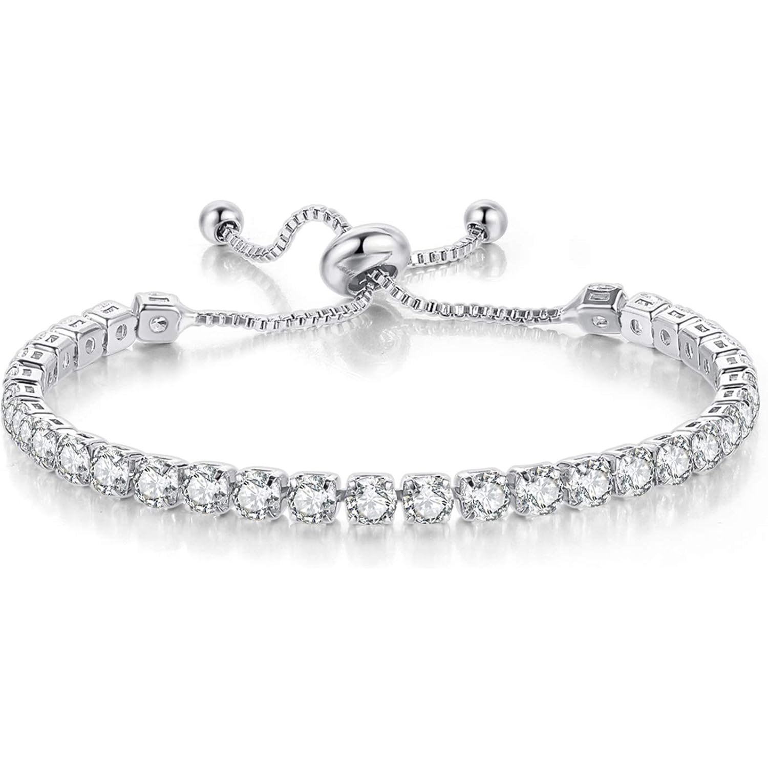 Tennis Bracelets for Women White Gold Plated Diamond AAA+ Cubic Zirconia CZ Dainty Classic Adjustable Slider Bracelet Silver Fashion Jewelry Wedding Gift