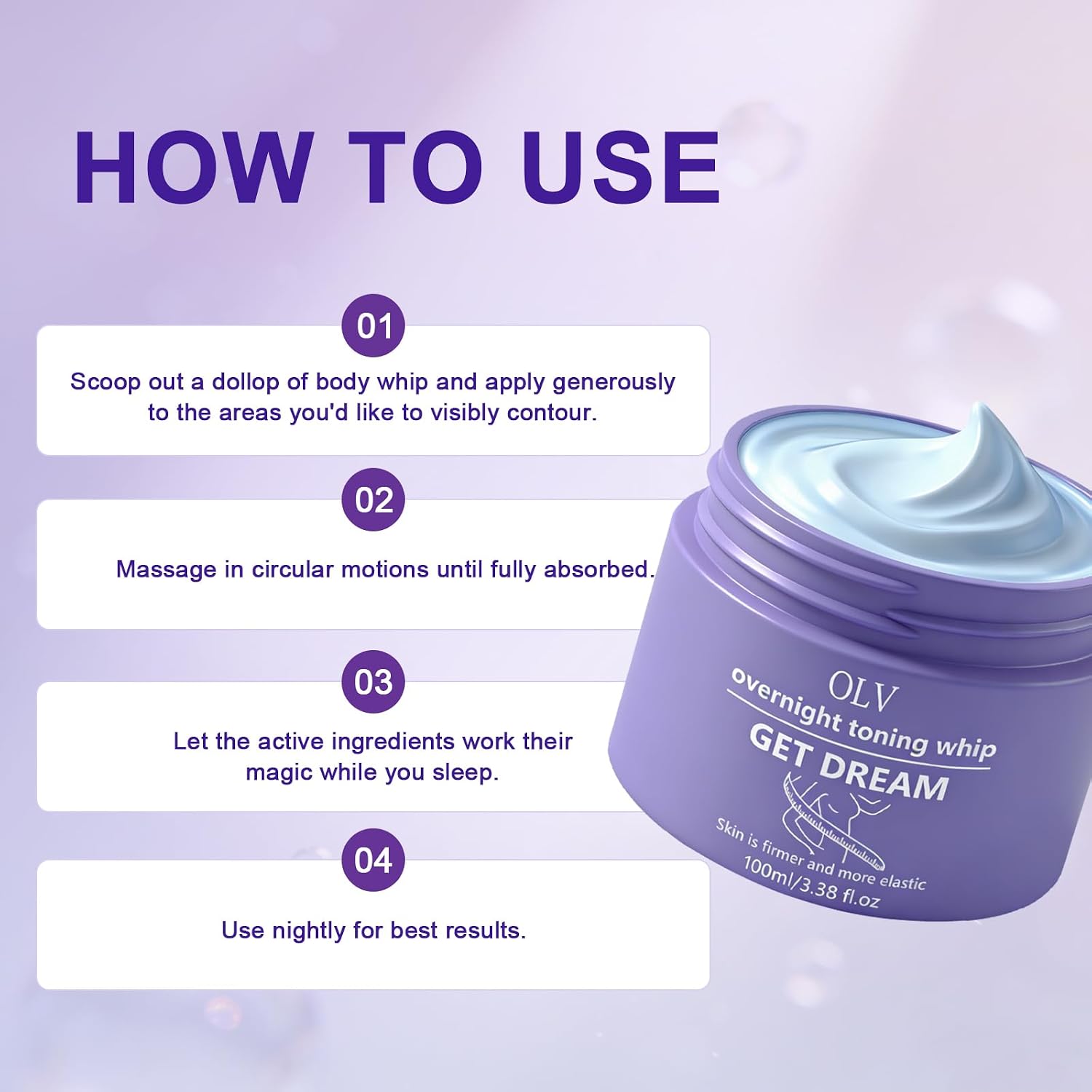 Olv Overnight Toning Whip, Body Firming Cream For Women, Anti Wrinkle Moisturizing Toning Whip, Smooth & Tight Skin Help Target The Appearance Of Loose Skin For All Skin Types/3.38 Oz