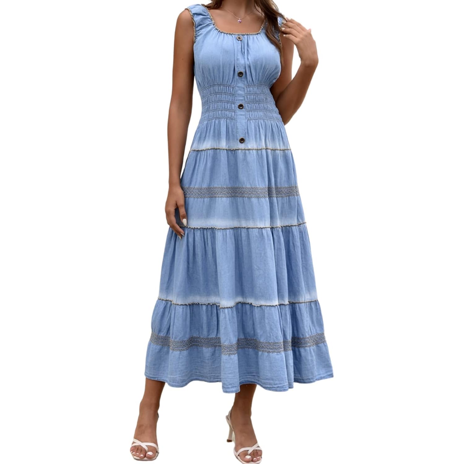 Womens Denim Maxi Dress Sleeveless Summer Casual Blue Cotton Boho Flowy Long Jean Sundresses For Women