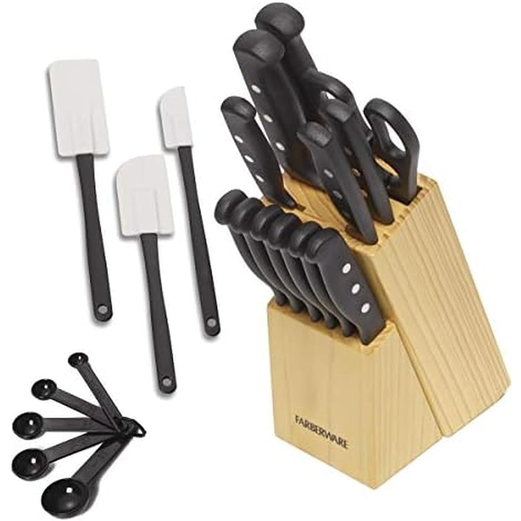 Farberware Knife Block Set 22-Piece Kitchen Knife Set With High-Carbon Stainless Steel Blades, Non-Slip Handles, Chef Knife, Santoku, Steak Knives, Scissors, Sharpening Steel, And Storage Block