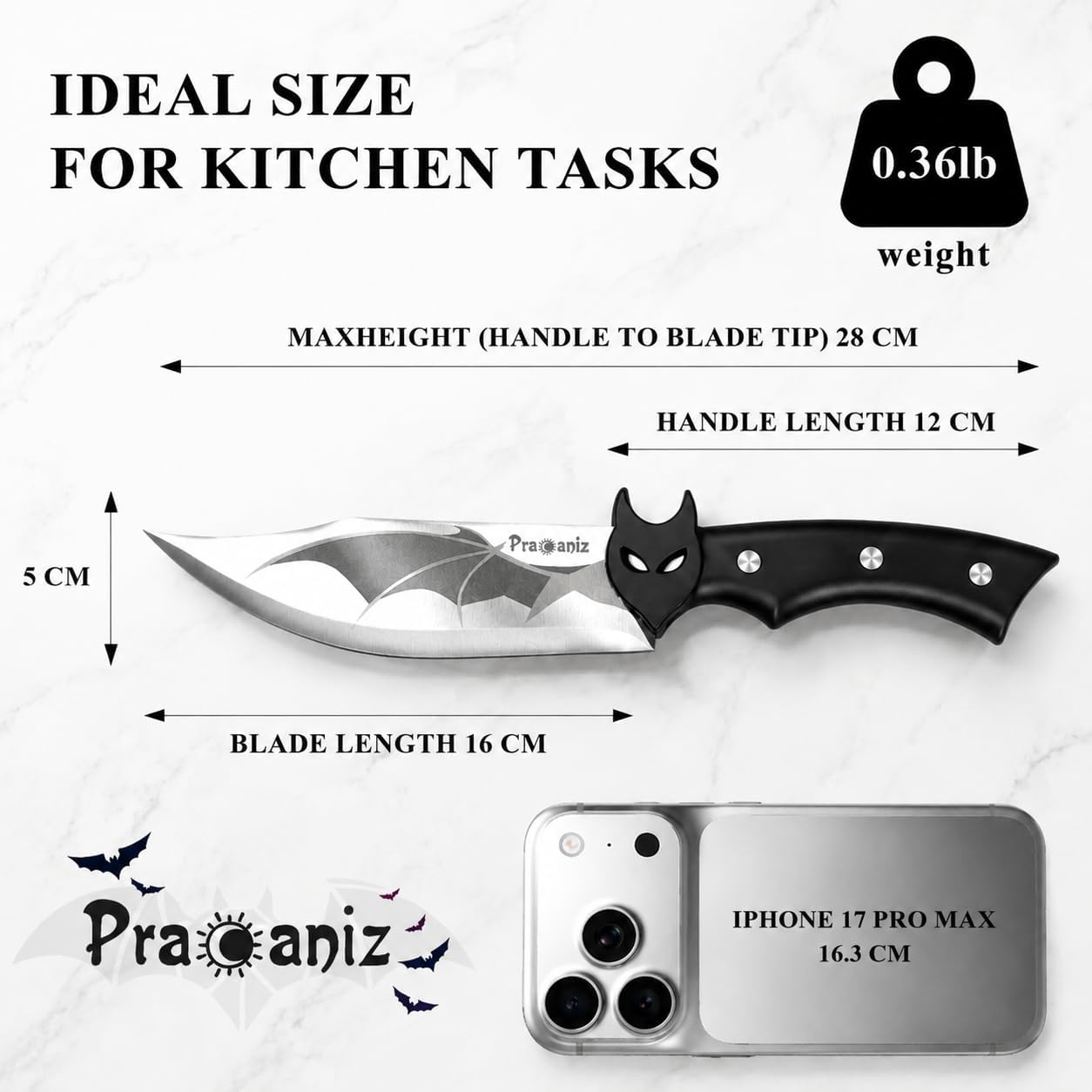 Pracaniz Bat Kitchen Knife, Gothic Halloween Design, Stainless Steel Blade | Bat-Wing Silhouette, Comfortable Grip And Gift-Ready Box For Steak, Fruit, Cheese, Bbq, Themed Parties And Gothic Kitchens.
