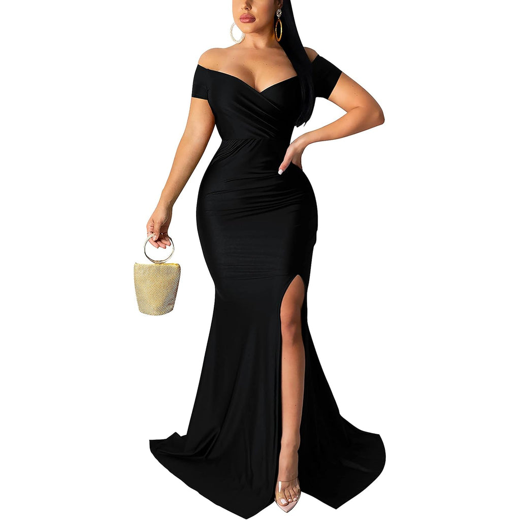 Women Sexy Off Shoulder Prom Evening Gowns Elegant V Neck Short Sleeve Wrap Formal High Split Wedding Guest Dress