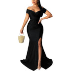 Women Sexy Off Shoulder Prom Evening Gowns Elegant V Neck Short Sleeve Wrap Formal High Split Wedding Guest Dress