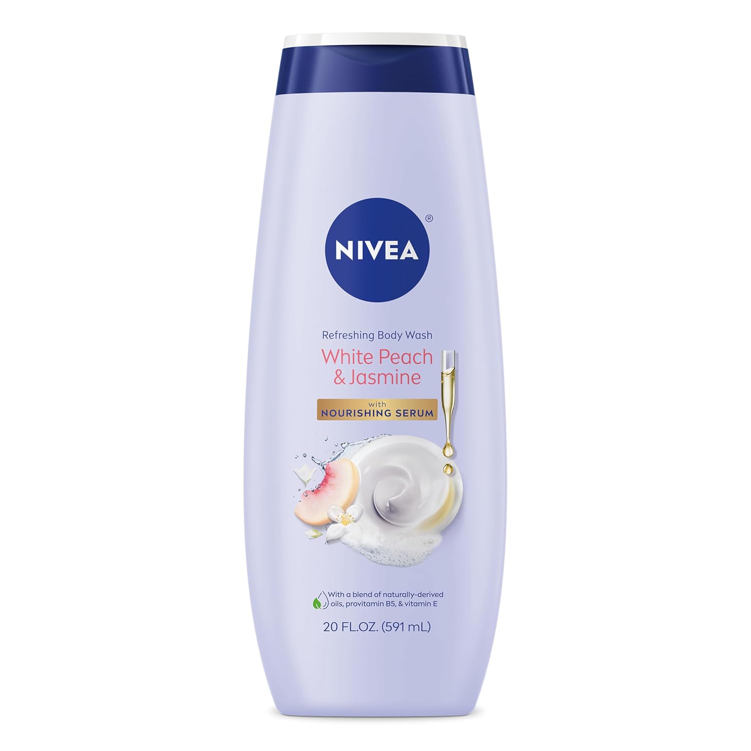Nivea Refreshing White Peach And Jasmine Body Wash With Nourishing Serum, Scented Body Wash For Women, Enriched With Provitamin B5 And Vitamin E, 20 Fl Oz Bottle