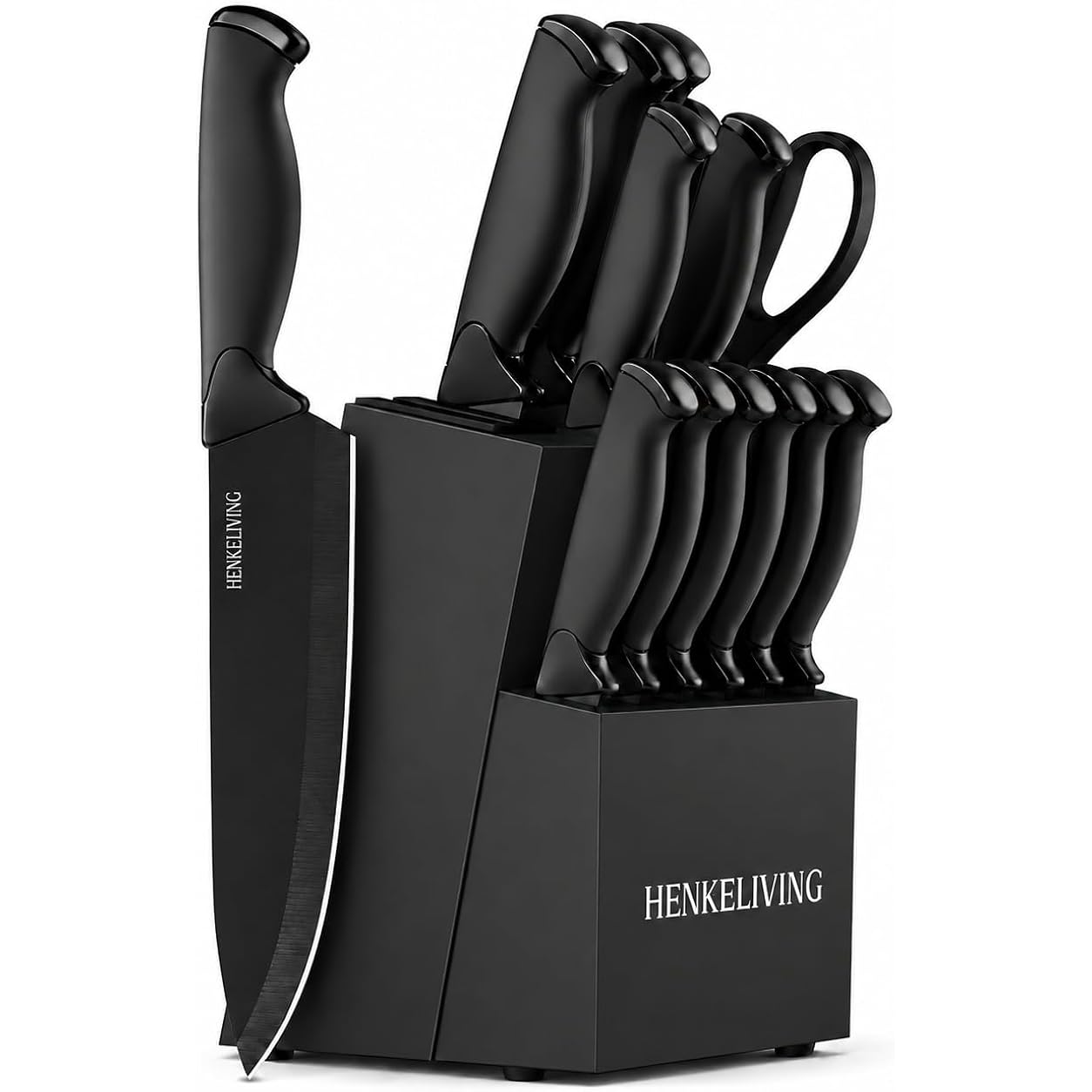 Knife Set, 14-Piece Black Dishwasher Safe Kitchen Knife Block Set with Built-In Sharpener, German High Carbon Stainless Steel Blades, Ultra Sharp Knives with Ergonomic Non-Slip Handles
