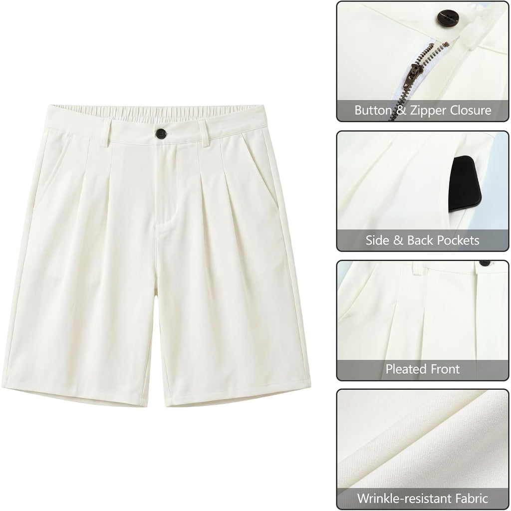 Heyfanee Mens Baggy Pleated Dress Shorts Elastic Waist 9 Inch | Chino Bermuda Shorts,Loose Fit ,Knee Length,Stretch Waistband,Wide Leg,Perfect For Golf Business Casual Summer