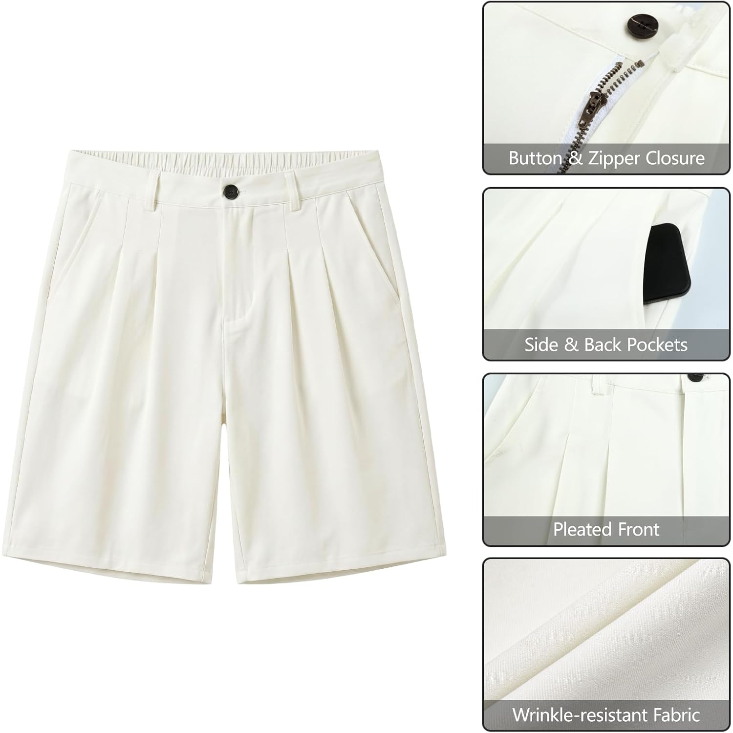 Heyfanee Mens Baggy Pleated Dress Shorts Elastic Waist 9 Inch | Chino Bermuda Shorts,Loose Fit ,Knee Length,Stretch Waistband,Wide Leg,Perfect For Golf Business Casual Summer