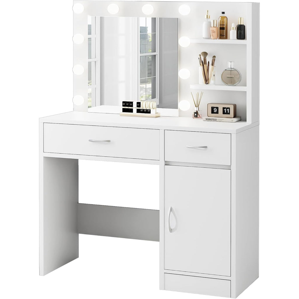 Livelyglow 35.4" White Makeup Vanity Desk With 10 Hollywood Light Bulbs | Dimmable Lighting, Large Mirror, Storage Cabinet