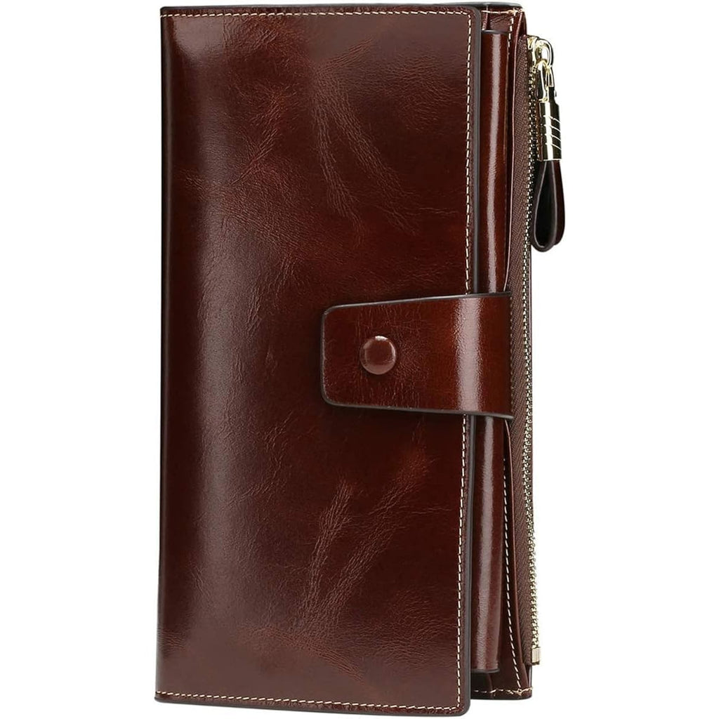 Itslife Womens Wallet RFID Blocking Large Capacity Luxury Wax Genuine Leather Wallets Clutch Wallet Ladies Card holder, Coffee