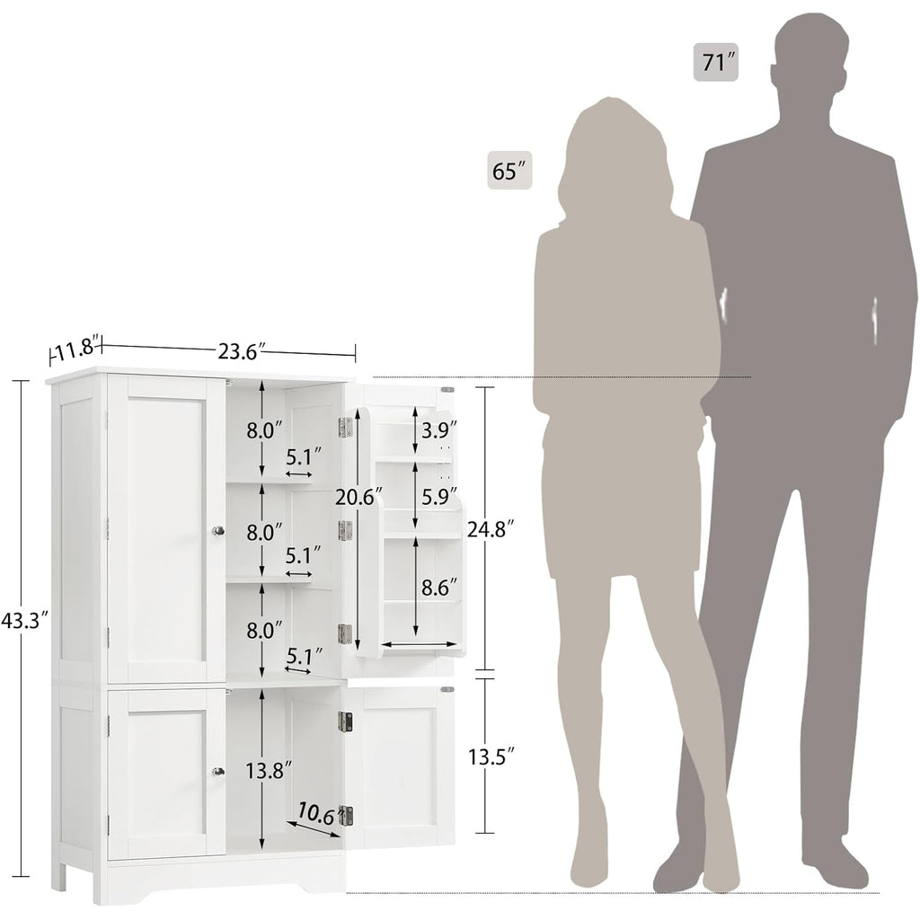 43'H Pantry Cabinet With 4 Doors, Kitchen Cabinet With 6 Door Shelves, Storage Cabinet-Kitchen Pantry For Living Room, Dining Room, Bathroom, White
