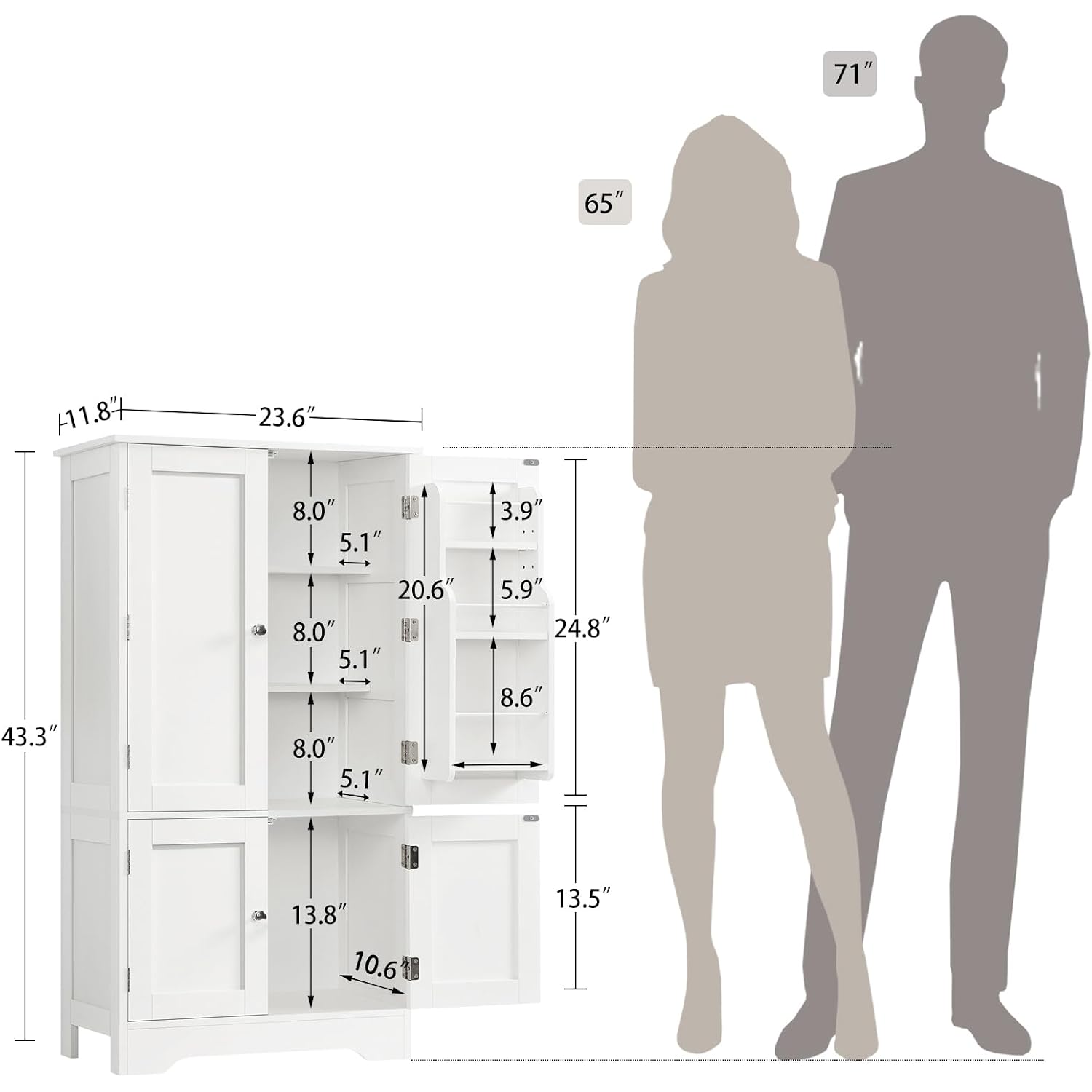 43'H Pantry Cabinet With 4 Doors, Kitchen Cabinet With 6 Door Shelves, Storage Cabinet-Kitchen Pantry For Living Room, Dining Room, Bathroom, White