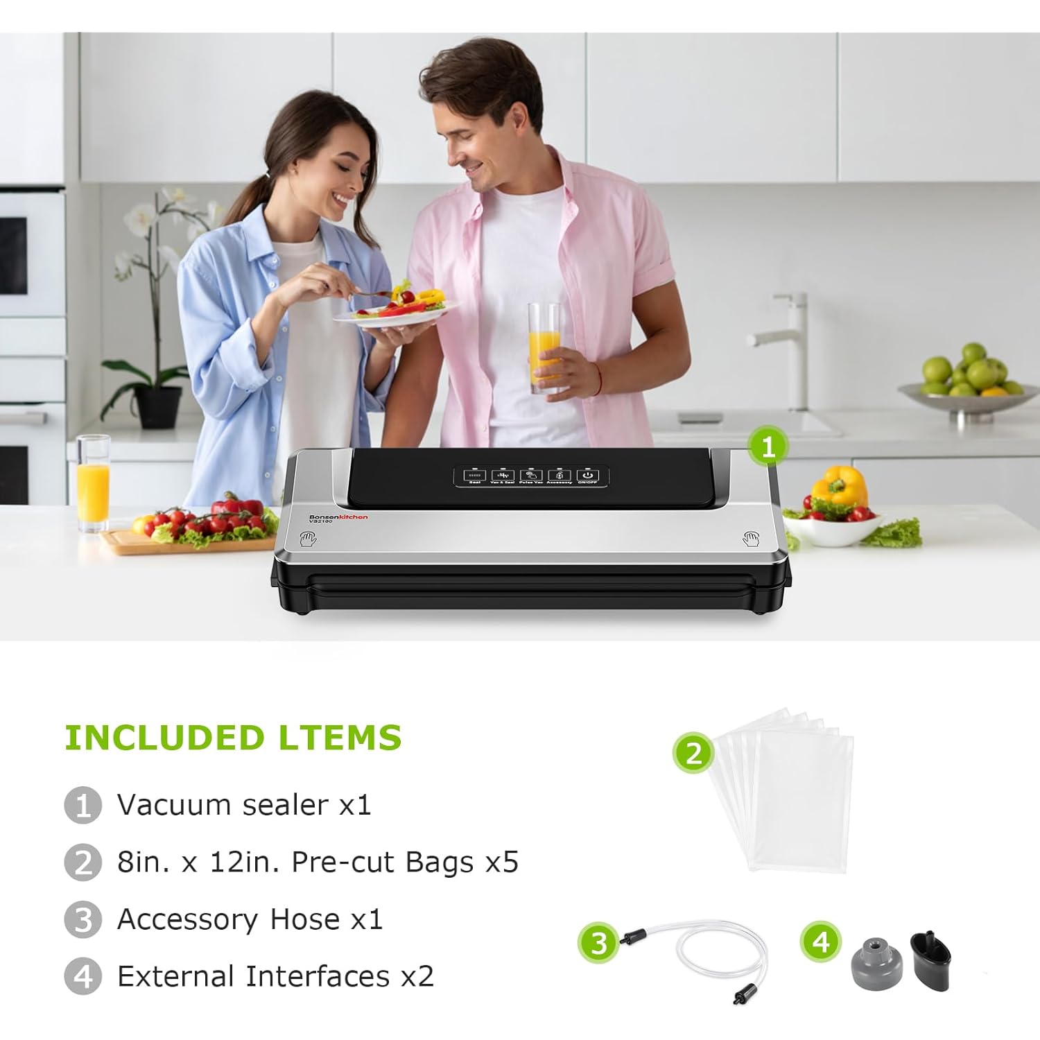 Bonsenkitchen Vacuum Sealer Machine | Compact Food Sealer for Kitchen Storage & Meal Prep | Multiple Modes | External Vacuum System | 5 Bags, Silver