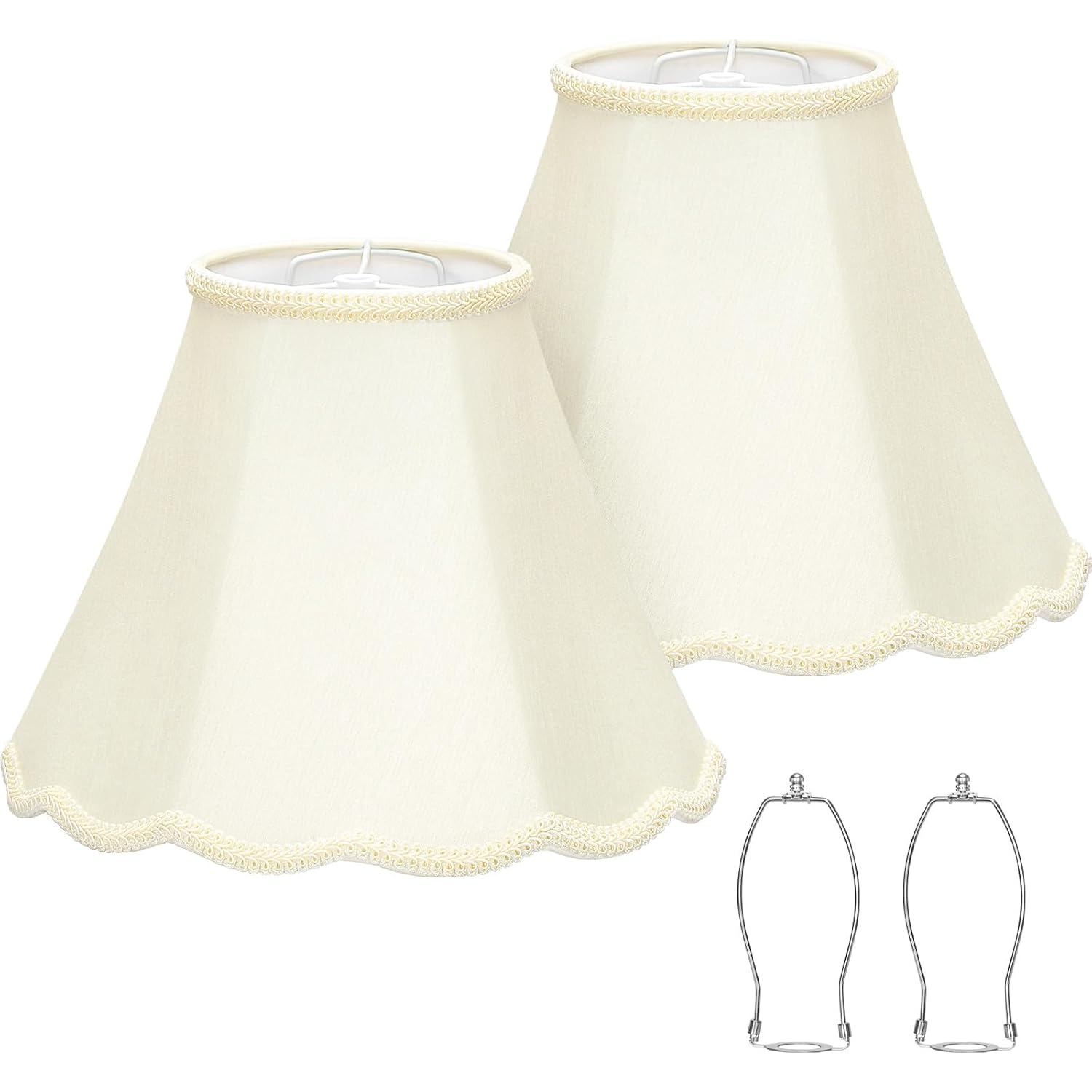 Medium Lamp Shades Set Of 2, Cream Lamp Shade For Floor Lamps Table Lamps, 6.1"Top X 13"Bottom X 9.6"High, Scalloped Lamp Shade With Petal Edge Braid, Spider, Harp Holders Included, Assembly Required