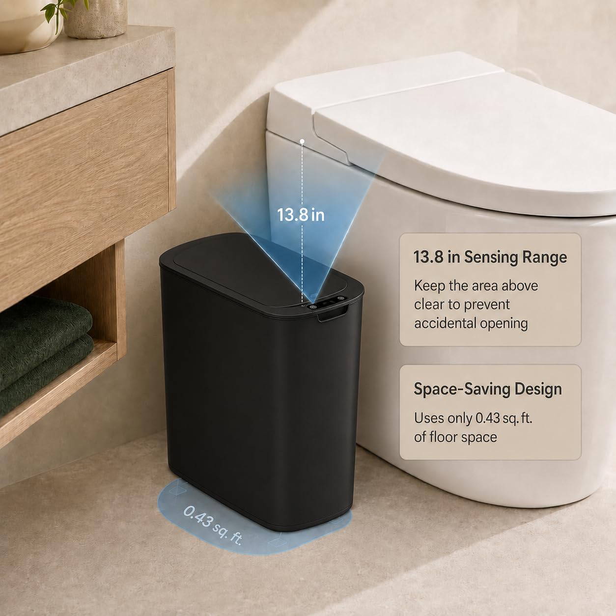 Tipgo Automatic Motion Sensor Bathroom Trash Can With Lid, 2.6 Gallon Touchless Trash Bin, Smart Garbage Can Plastic Slim Wastebasket For Bedroom, Office, Dorm (Black)
