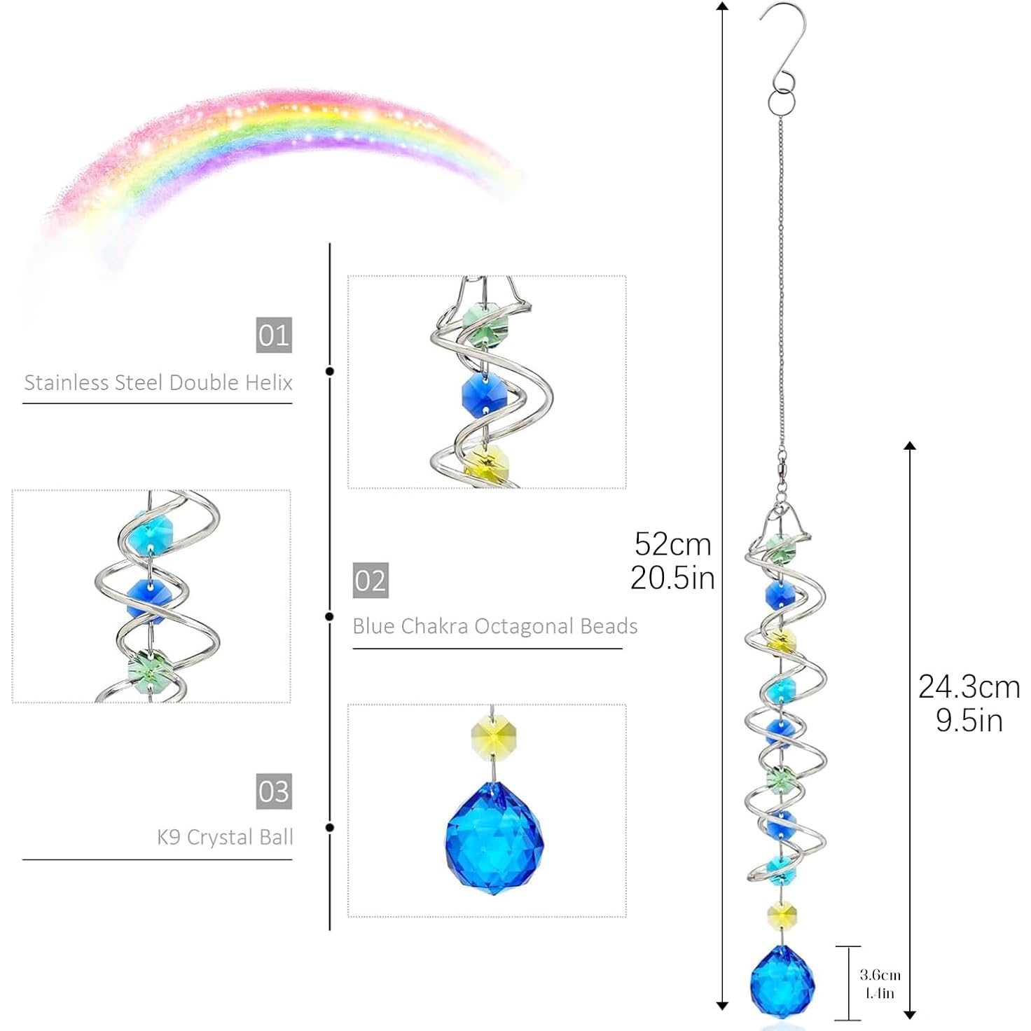 20.5In Sea Blue Crystal Gazing Ball Spiral Wind Spinner Suncatcher | Sea Blue Crystal Gazing Ball Spiral Wind Spinner Rainbow Maker Sun Catcher With Chain For Indoor Outdoor Garden Decor