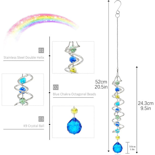 20.5In Sea Blue Crystal Gazing Ball Spiral Wind Spinner Suncatcher | Sea Blue Crystal Gazing Ball Spiral Wind Spinner Rainbow Maker Sun Catcher With Chain For Indoor Outdoor Garden Decor