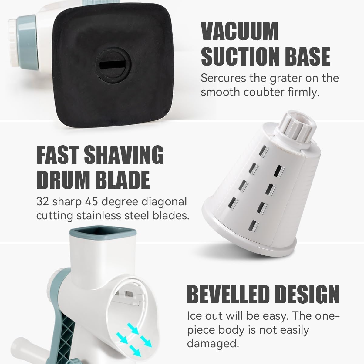 Rotary Ice Shaver Manual White - Stainless Steel Blade, Quick Labor-Saving Handle, Safe Stable Suction Base, Home Using Snow Cone Machine For All Ice Cubes