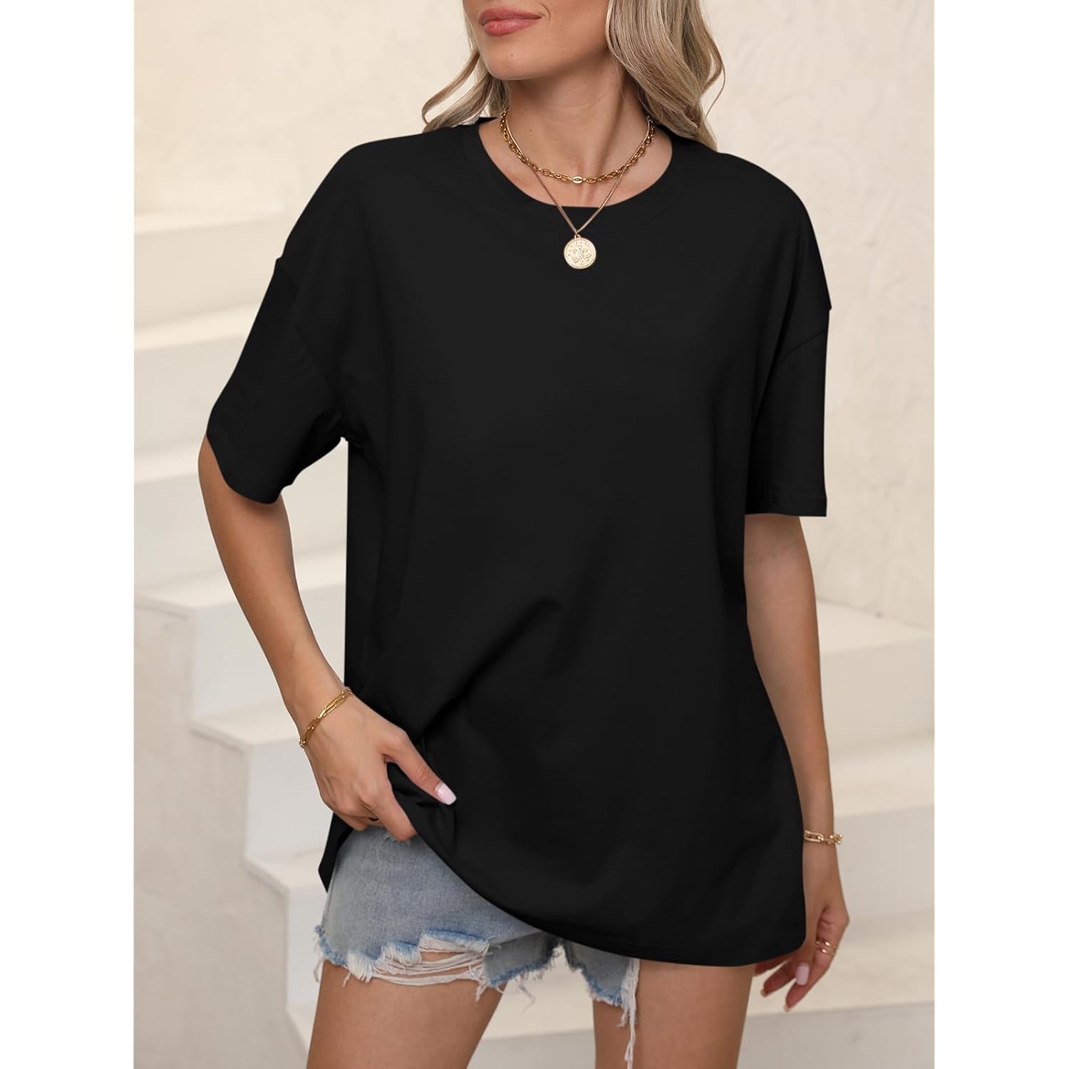 ORANDESIGNE Womens Oversized Cotton T Shirts Graphic Tees Short Sleeve Vintage Tops Casual Summer Clothes 2026 Black
