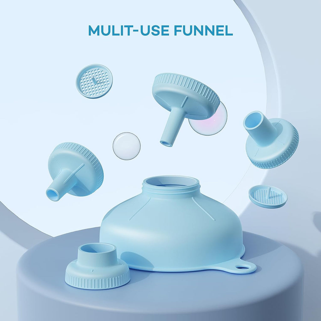 Wide Mouth Versatile Funnel, Canning Funnels For Kitchen Use, Food Grade Plastic Cooking Funnel Set With 4 Size Spouts And 2 Strainers For Filling Different Bottles And Bags, Blue