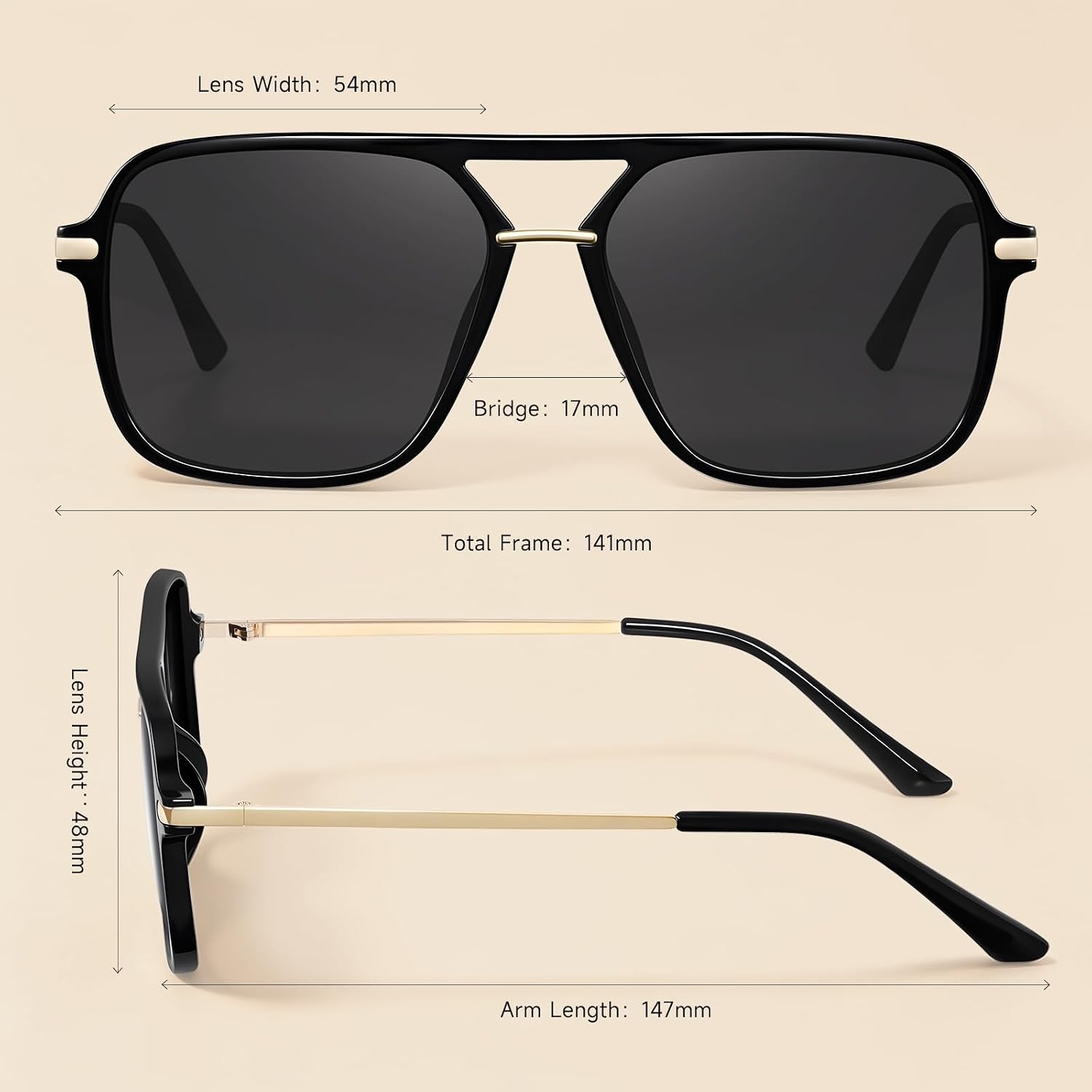 Fanshen Trendy Sunglasses Womens Men, Square Aviator Polarized Sun Glasses UV Protection for Driving, Travel & Everyday Wear A01 Black