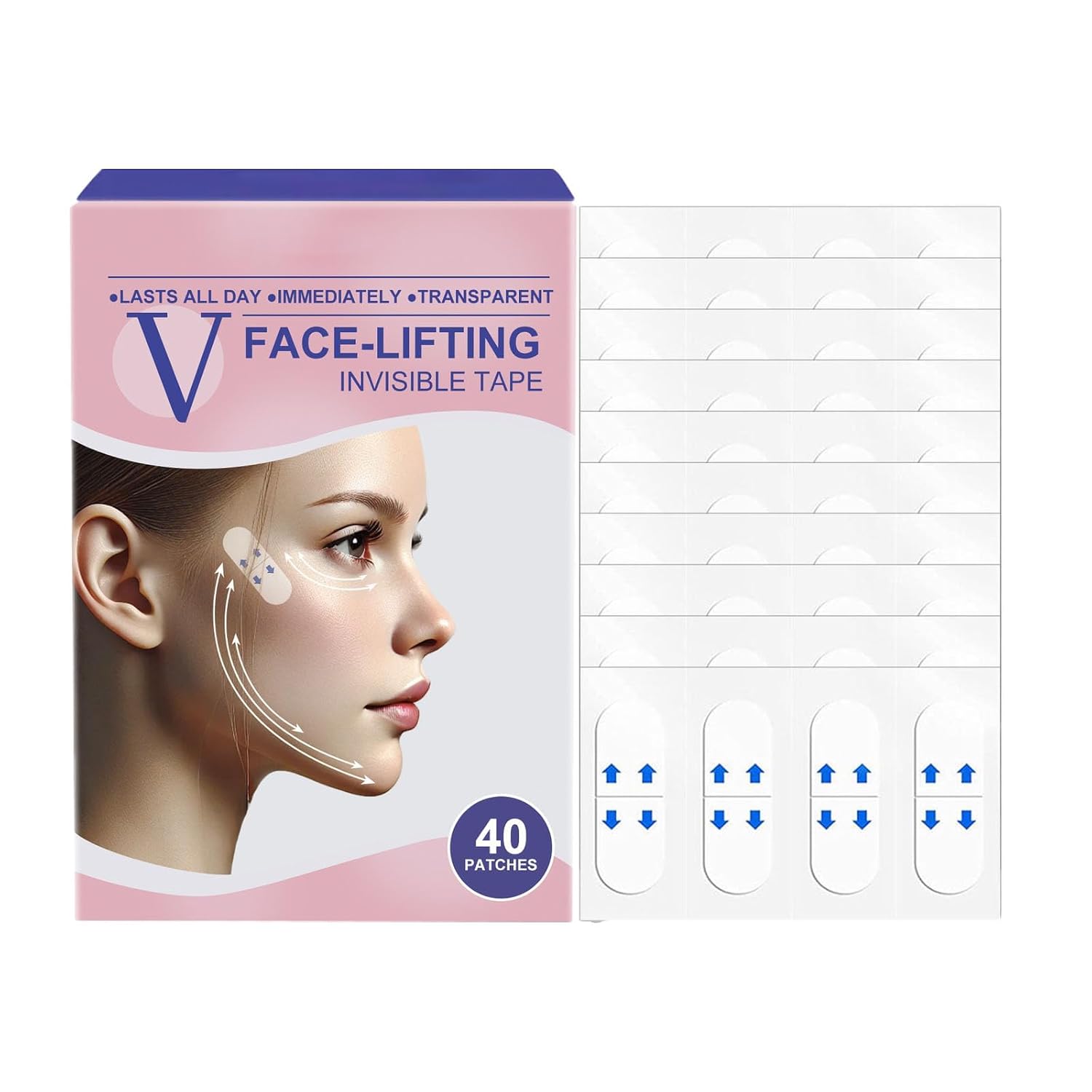 Face Lift Tape, Face Lift Tape Invisible, Instantly Tightens Skin, Lifts Wrinkles Around Eyes, Shapes Facial Contours, Hides Double Chins, Creates a V-Shaped Face, for Daily Care (One box of 40 PCS)