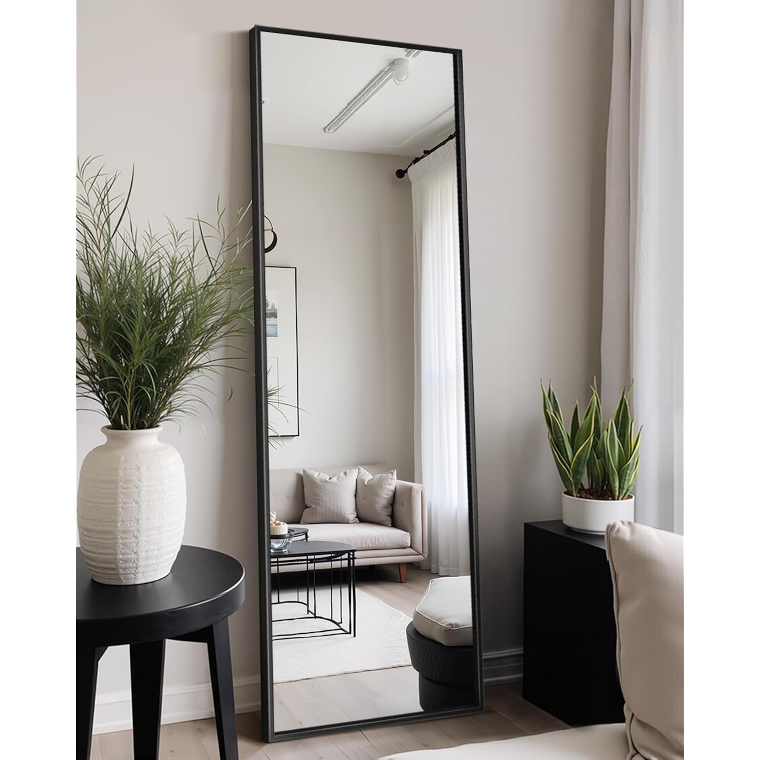 Full Length Floor Mirror 56"X15", Standing Mirror With Aluminum Frame, Large Body Mirror For Bedroom, Living Room And Bathroom, Black