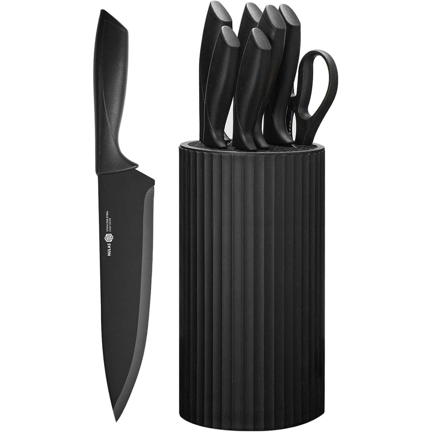 Knife Set, 8-Piece Kitchen Knife Set with Universal Block - Anti-Rust Chef Knives, Ergonomic Design, Dishwasher Safe (Black)