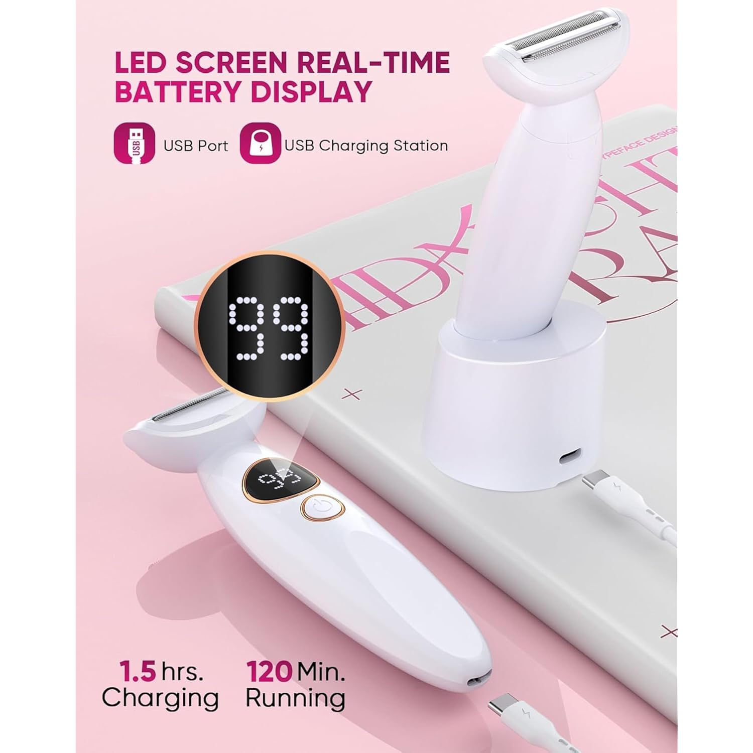 3 in 1 Bikini Trimmer for Women, Electric Razors for Women with Display, Painless Bikini Trimmer, USB Charging, Electric Shaver for Woman,Shaver for Woman for Face, IPX7 Waterproof,White