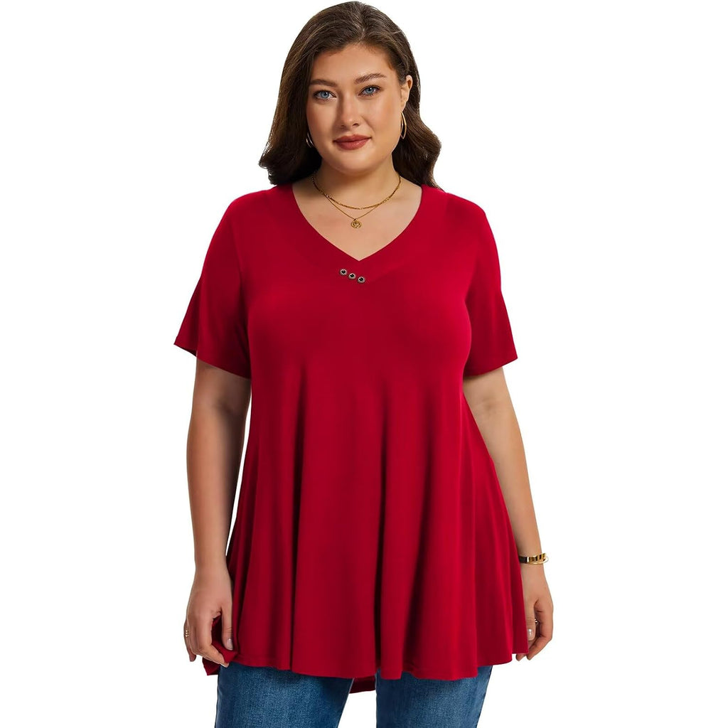 LARACE Plus Size Tops for Womens T Shirts Button Down Summer Clothes Short Sleeve Tunics Casual V Neck Blouses