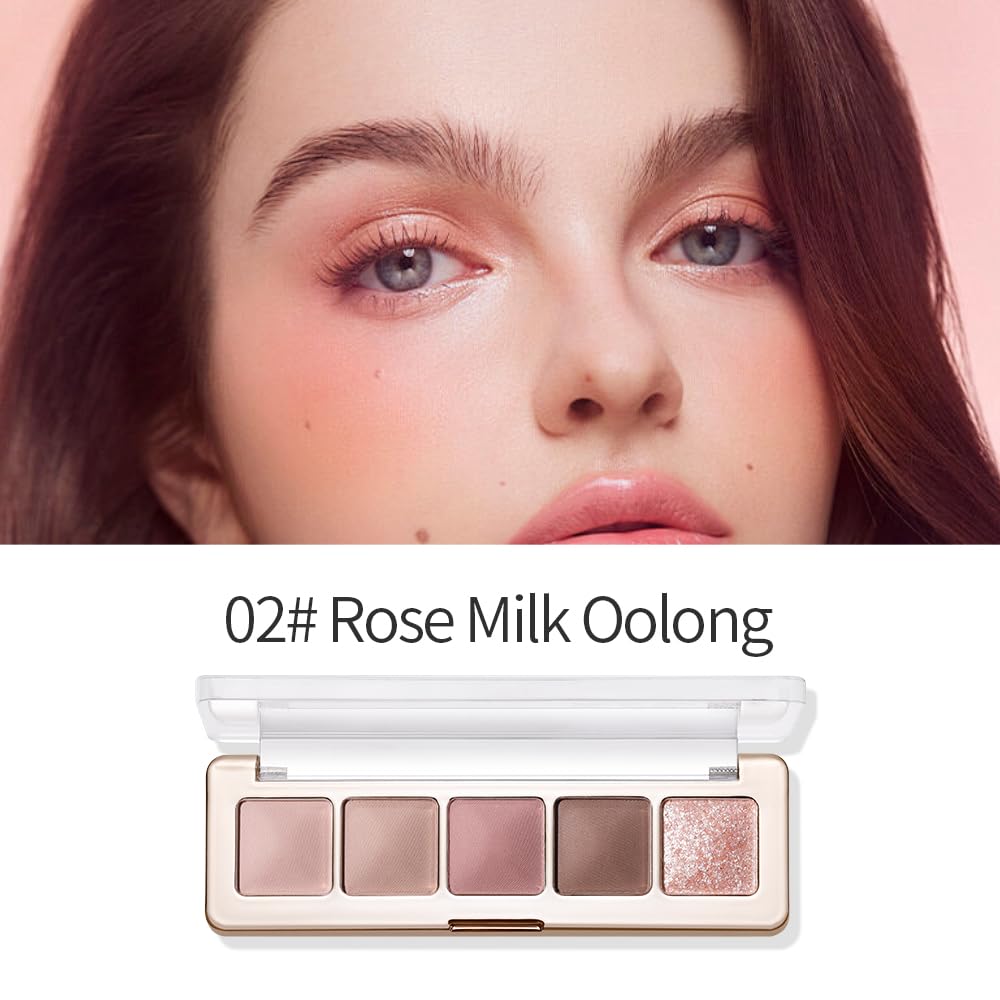 Pink Brown Neutral Matte Eyeshadow Palette, 5 Color Highly Pigmented Shimmer Everyday Eye Shadow Palette Makeup for Older Women, Suitable for Green and Blue Eyes, Brightening Eye Mini Travel Size 02#