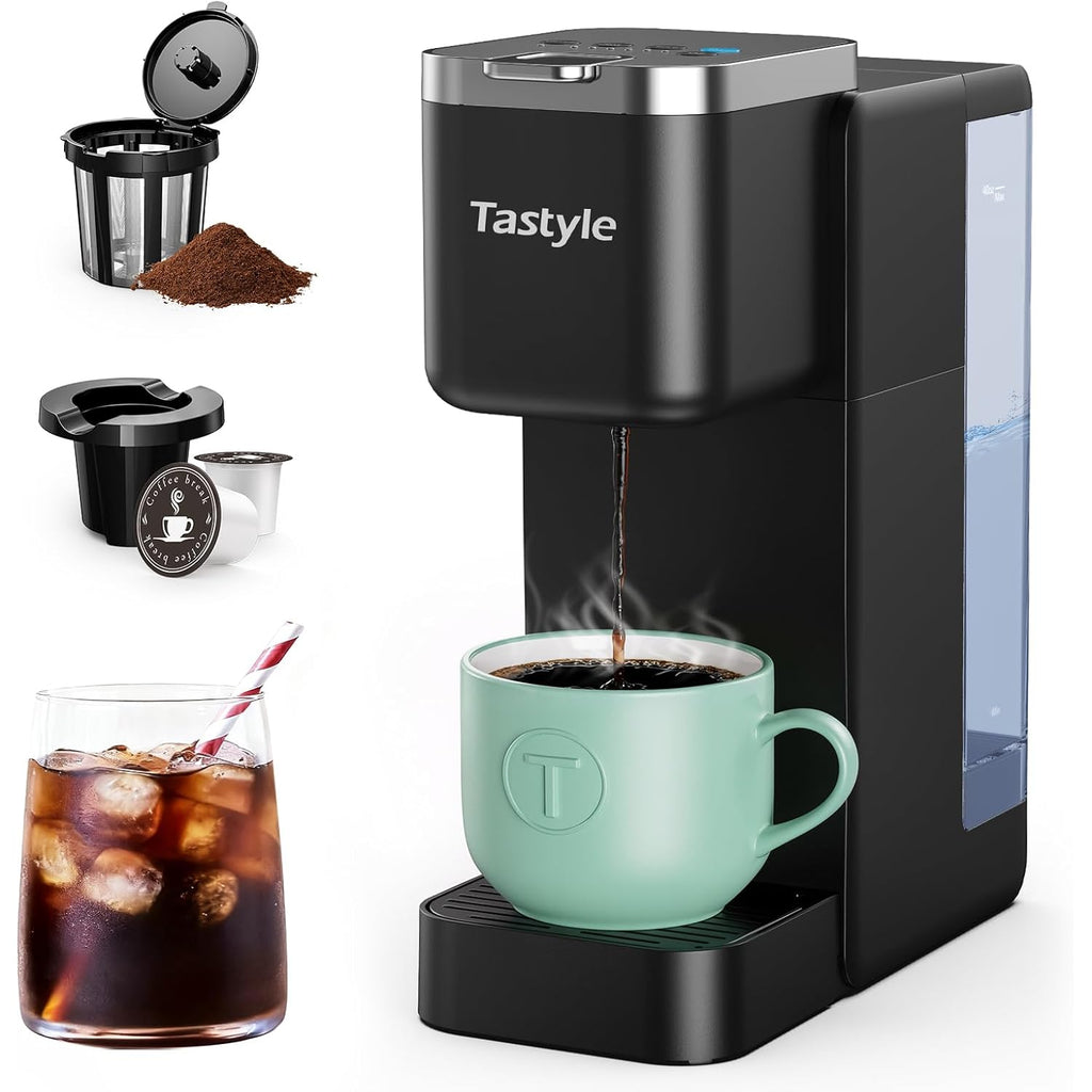 Tastyle Single Serve Coffee Maker, Iced and Hot Coffee Machine for K Cup & Grounds, Compact Design, 40oz Removable Water Reservoir, 6 to 24 Oz Brew Sizes, Fits 7.3" Travel Mug, Black
