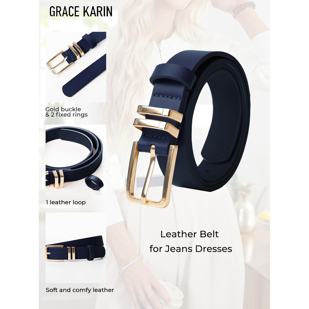 GRACE KARIN Women Leather Belt for Dresses Jeans Pants Waist Belt with Gold Buckle Medium PU Leather Belt