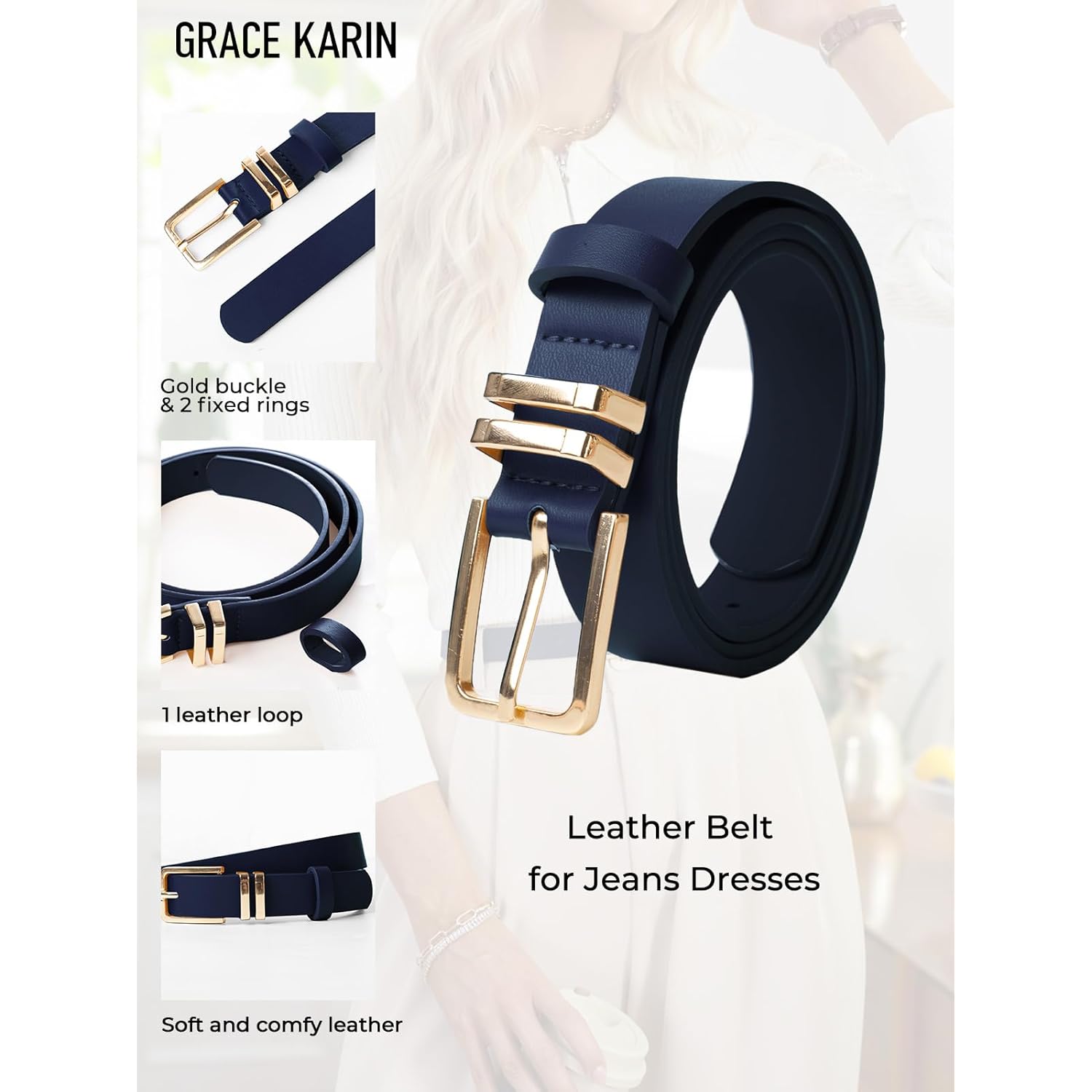 GRACE KARIN Women Leather Belt for Dresses Jeans Pants Waist Belt with Gold Buckle Medium PU Leather Belt