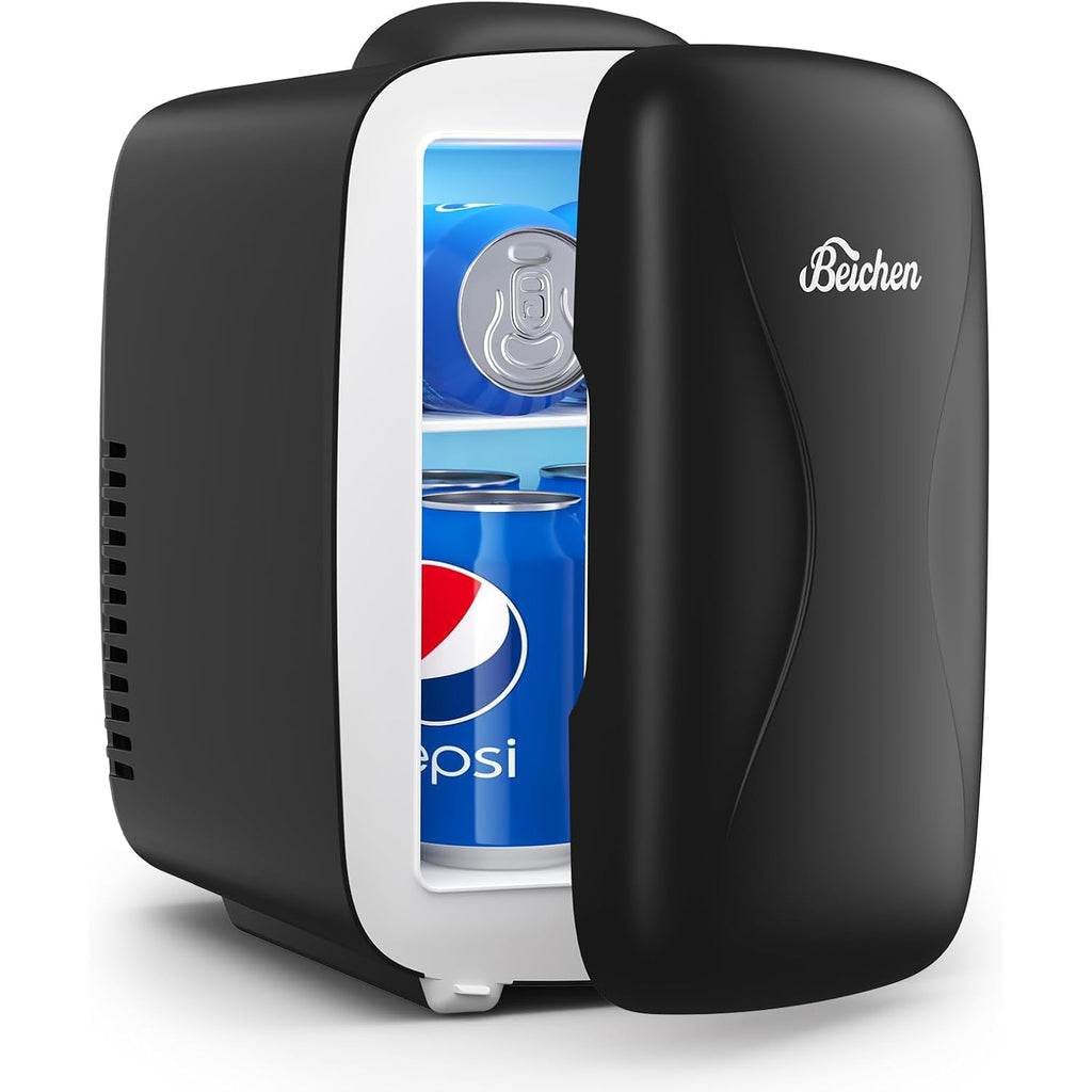 Mini Fridge, 4 Liter/6 Can Portable Cooler And Warmer Fridge For Drinks Skincare Food – Fast Cooling & Ultra-Quiet, Small Compact Refrigerator For Bedroom, Cosmetics, Office And Car(Black)
