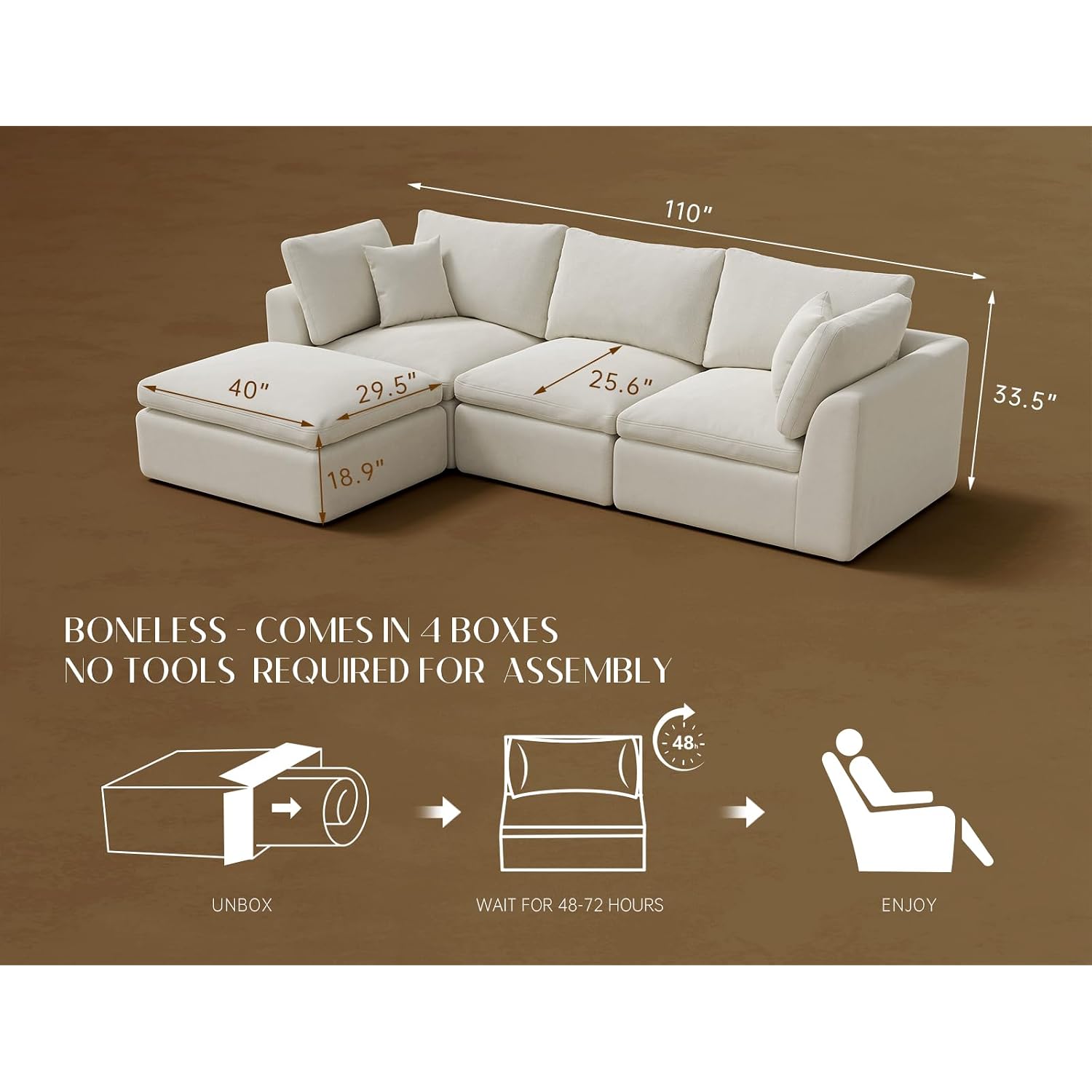 110" Cloud Sectional Couches For Living Room, Convertible L-Shape Couch With Ottoman, 3 Seater Modular Sectional Sofa, Warm White