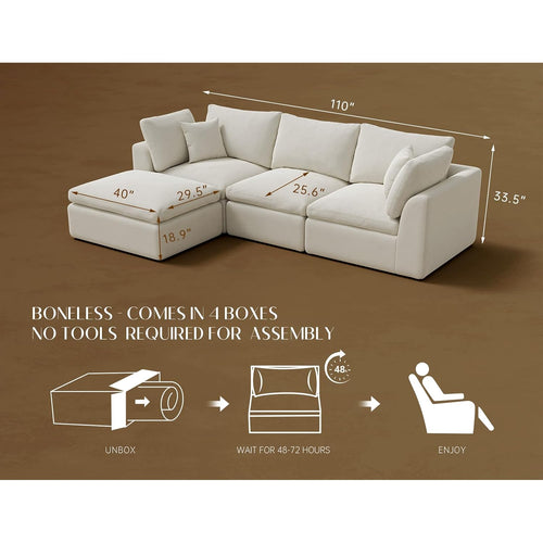 110" Cloud Sectional Couches For Living Room, Convertible L-Shape Couch With Ottoman, 3 Seater Modular Sectional Sofa, Warm White