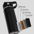 Fijinhom 18Oz Insulated Stainless Steel Water Bottle, Wide Mouth Double Wall Vacuum, Silicone Straw, Sweat & Leak Proof, Bpa Free Insulated Water Flask For Travel, Keep Cold 24H Hot 12H, Black