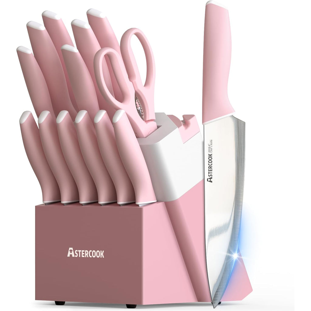 Astercook Knife Set, Kitchen Knives Set with Block and Sharpener 15 Pcs German Stainless Steel Knives Sharp Blade Dishwasher Safe Deba Knives with Ergonomic Handle, Crystal Pink