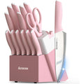 Astercook Knife Set, Kitchen Knives Set with Block and Sharpener 15 Pcs German Stainless Steel Knives Sharp Blade Dishwasher Safe Deba Knives with Ergonomic Handle, Crystal Pink