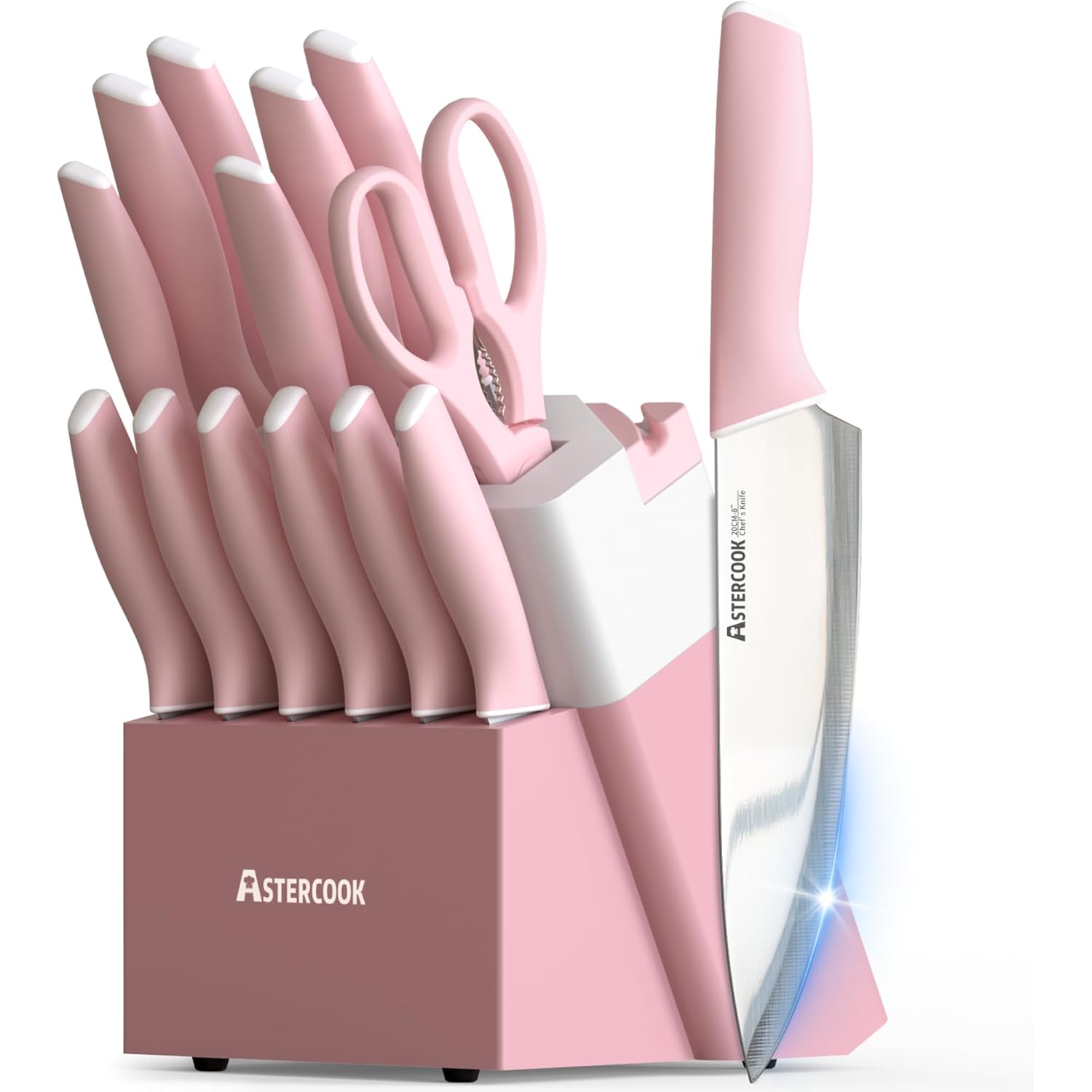 Astercook Knife Set, Kitchen Knives Set with Block and Sharpener 15 Pcs German Stainless Steel Knives Sharp Blade Dishwasher Safe Deba Knives with Ergonomic Handle, Crystal Pink