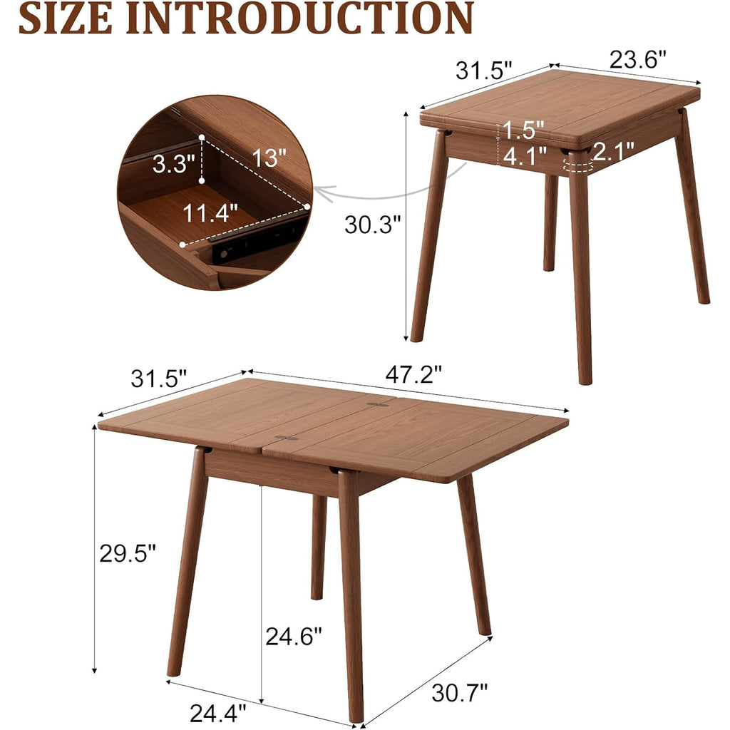 Solid Wood Small Dining Table For 2-6, 23.6"L-47.2"L Expandable Kitchen Table, Designed For Small Spaces, Easy Assembly, Suitable For Kitchen, Dining Room, Living Room, Apartment (Walnut)