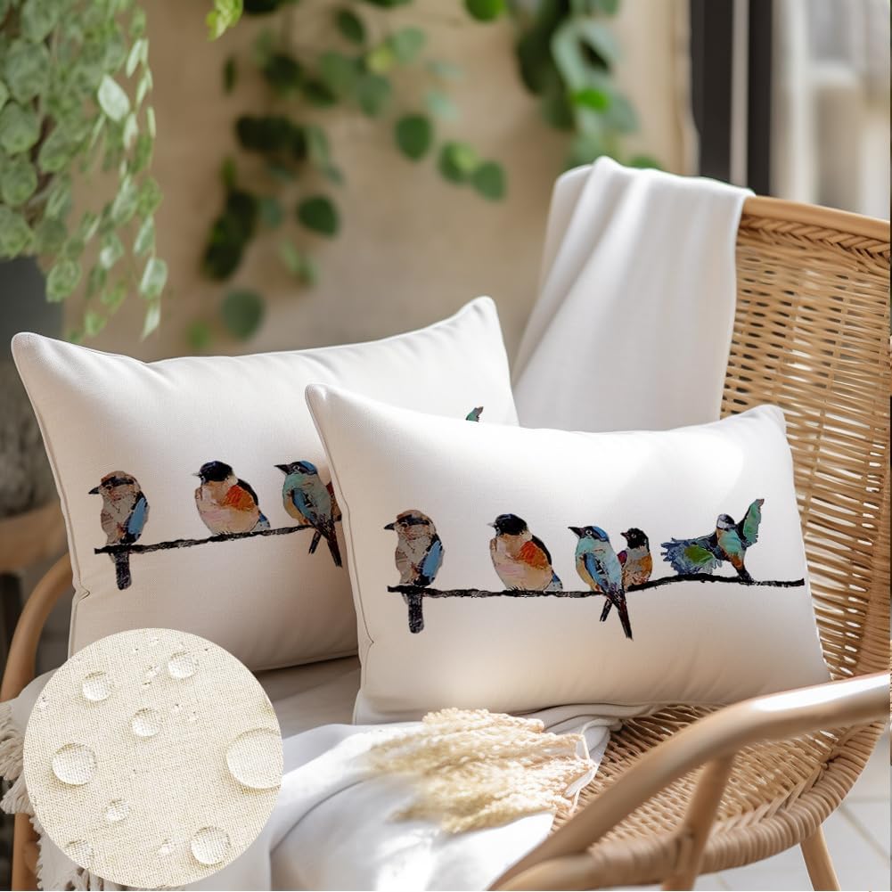 Outdoor Pillow Covers Waterproof 12X20,Outdoor Bird Lumbar Throw Pillow Cases Small Decorative Pillows For Couch Patio Furniture Polyester Linen Teal Blue