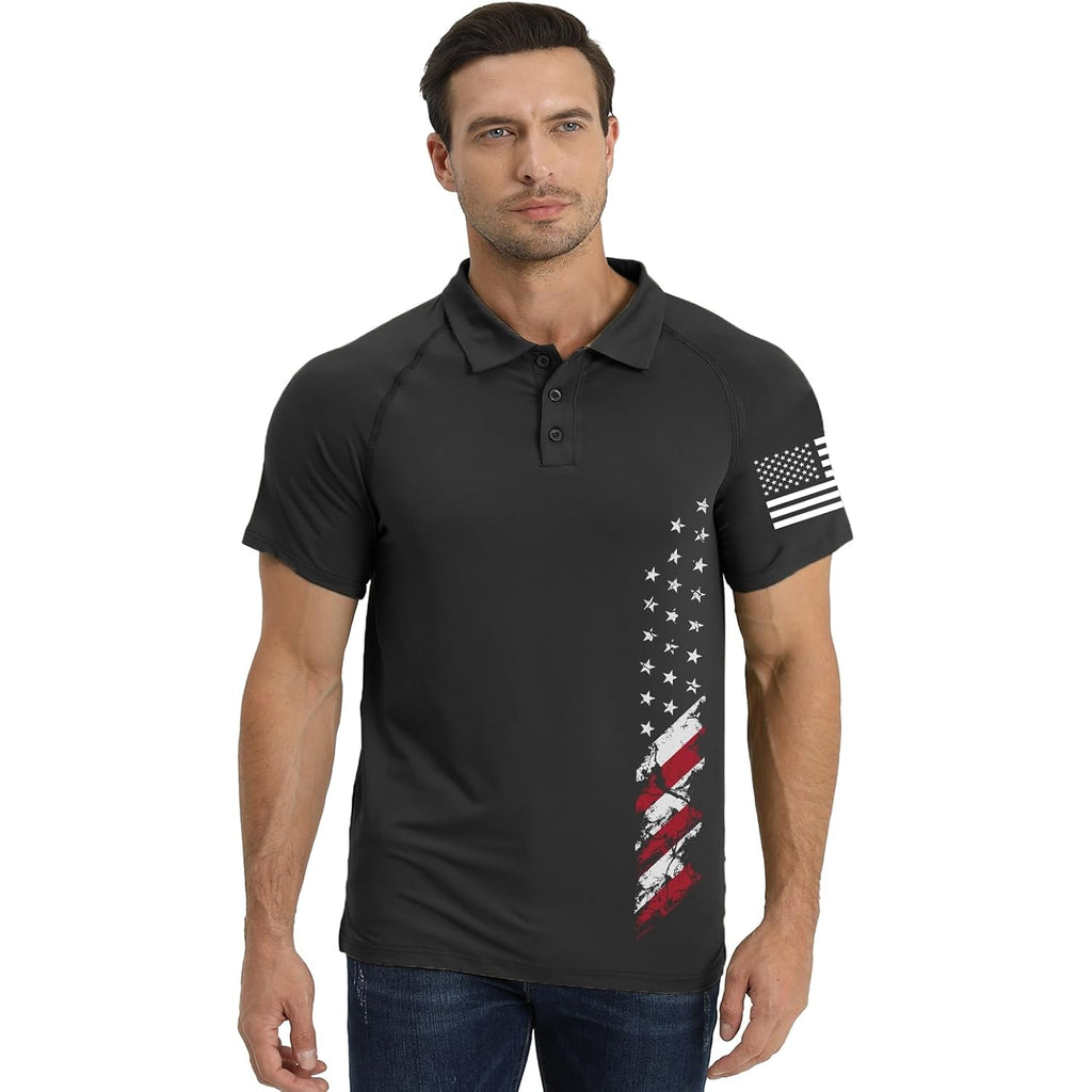 H Hyfol Short Sleeve Polo Shirts For Men Graphic Stretch Casual American Patriotic Raglan Golf Polos For Men
