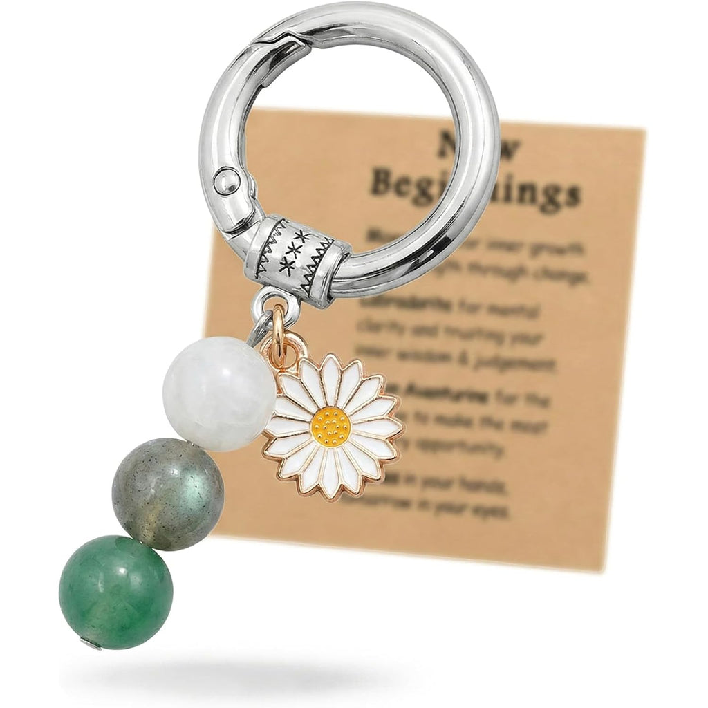 OXIHOUSE&CO- New Beginnings Daisy Keychain for Women, Natural Stone Bead Crystal Keychain, Silver Key Ring with Message Card, New Job Retirement Coworker Farewell Gift