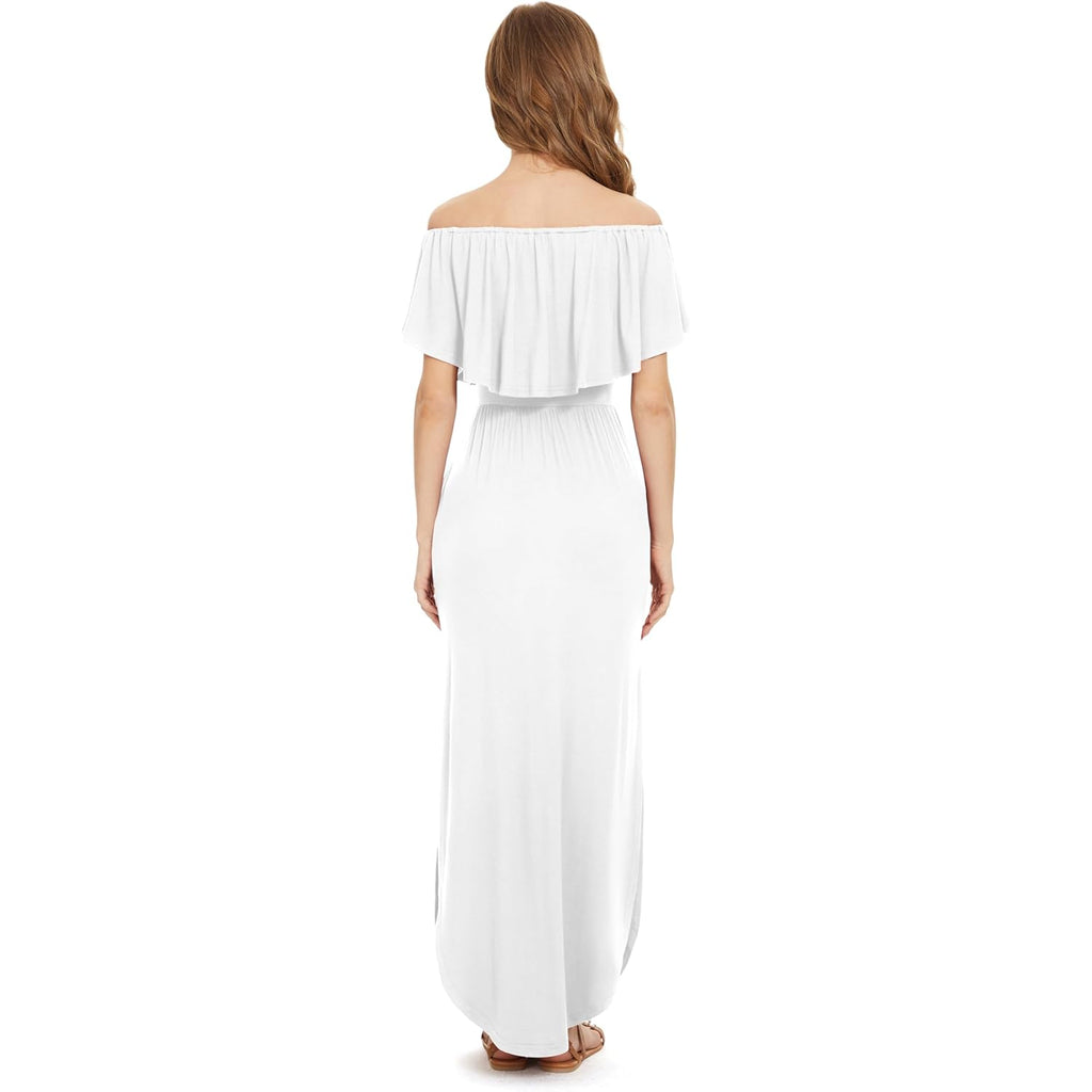 Lilbetter Womens Off The Shoulder Ruffle Party Dresses Side Split Beach Maxi Dress