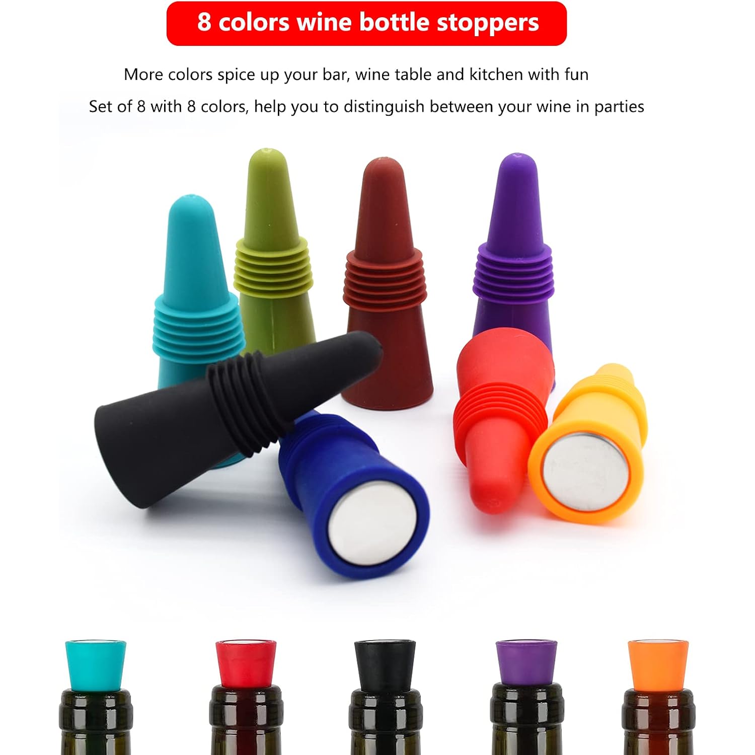 Wine Stoppers Beverage Bottle Sealer Soft Silicone Wine Bottle Stoppers Corks With Grip Top For Keeping Wine Champagne Fresh, 8 Pack