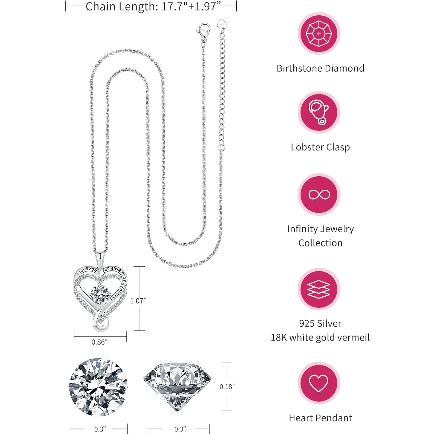 Jewelry for Women Wife Infinity Heart Birthstone I Love You Necklace S925 Anniversary Women Necklaces for Her Wife Birthday Gift Ideas, Birthday Present for Girlfriend Mom Daughter Sterling Silver